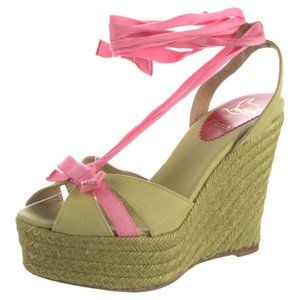 Christian Louboutin Isabelle Canvas Green Pink Lace Up Wedge Sandals